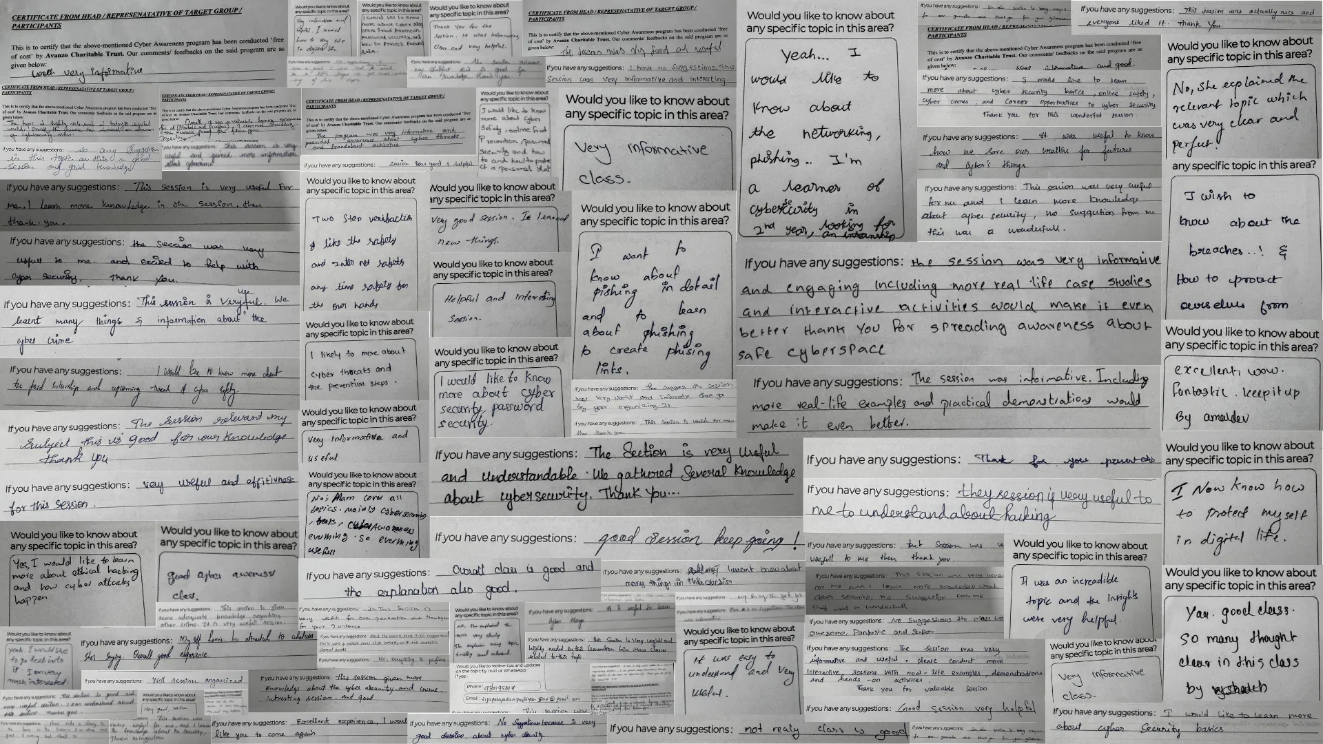 Collage of handwritten participant feedback forms from cyber safety awareness sessions